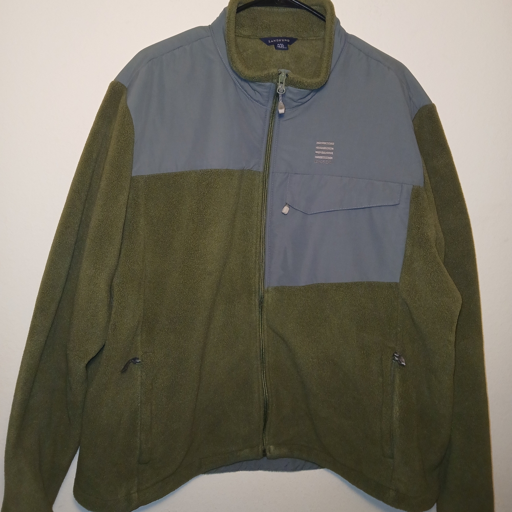 Lands End Fleece Jacket Mens 2-X Blocking Patches Vented Armholes Army Green